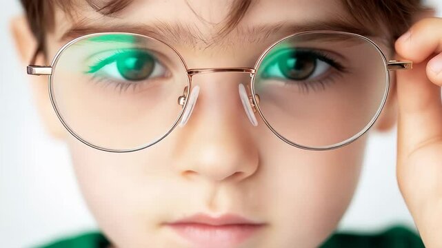 Young schoolboy carefully adjusting eyeglasses, wearing serious expression while standing against clean white background during eye examination