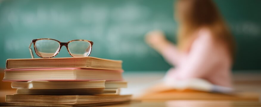 The stack of books with glasses in a classroom setting. - Powered by Adobe
