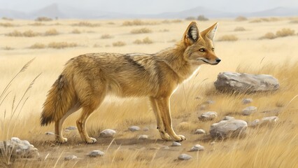 Realistic golden jackal standing alert in dry grassland