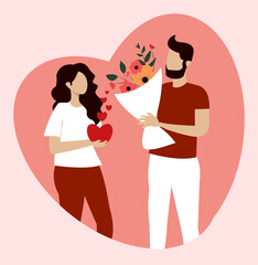 Couple exchanging gifts on Valentines Day with heart and flower bouquet in vector illustration