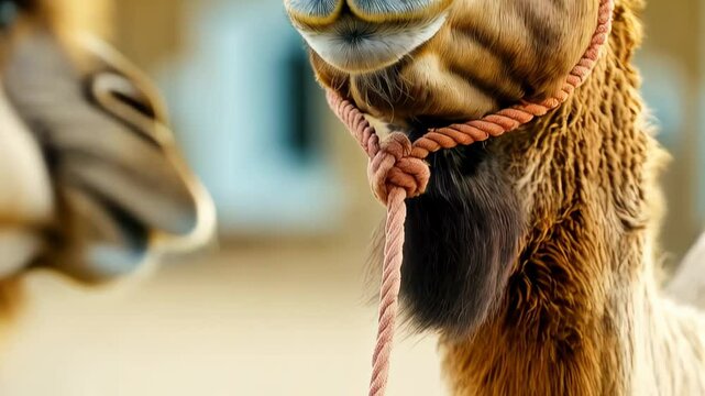 Dromedary camel portrait featuring expressive head movements, showcasing different facial nuances while wearing rope halter in close up view