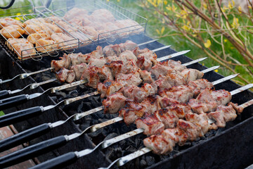 Marinated shashlik is cooked on a barbecue grill over coals. Grilled pork and chicken shashlik.