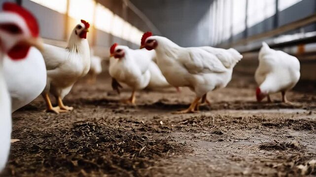 Confined broiler chickens pecking, foraging inside cramped chicken coop, searching ground for scattered feed during industrial poultry farming process