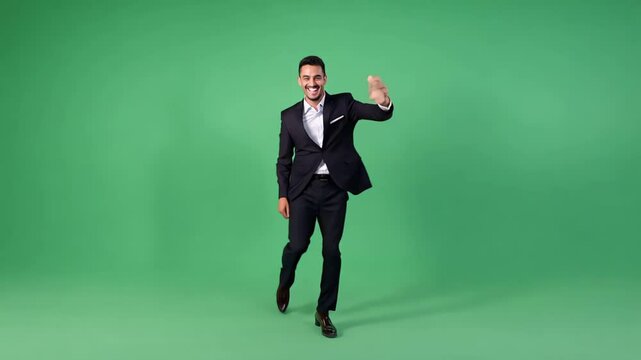 Confident businessman dancing enthusiastically, expressing dynamic energy with vibrant movements against green studio background