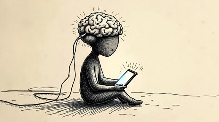 Fototapeta premium Information Overload Concept. Cartoon Character with Large Brain Connected to Digital Tablet or Smartphone.