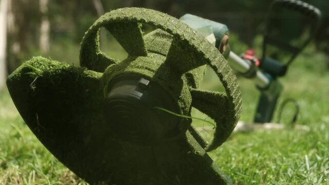 Close-up of electric trimmer resting on freshly cut grass with grass clippings stuck, symbolizing completed yard work.