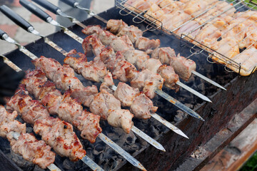 Marinated shashlik is cooked on a barbecue grill over coals. Grilled pork and chicken shashlik.
