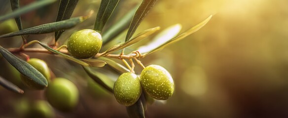 The thriving green olives illuminated by warm sunlight on the branch.