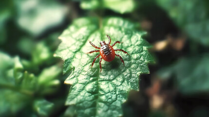 Close-up of a tick on green leaf in natural environment,symbolizing danger of tick-borne diseases and parasites in wildlife. Health risk and medical concept.