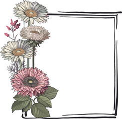 Daisies, anemones, foxgloves - modern botanical frame in soft tones with transparent background. Digital illustration with text for branding, printing. © Виктория Юрьевна