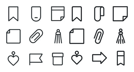 Bookmark and reminder outline icons set &ndash; linear, note-taking, organizing symbols