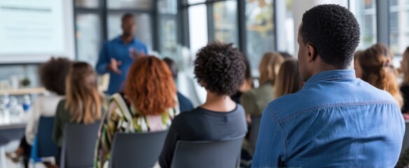The audience engaged in an informative presentation within a modern workspace setting.