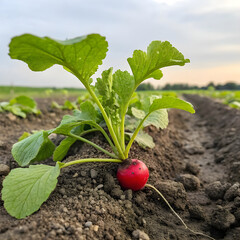Radish plant growing in loose soil with a visible red bulb and green leaves.