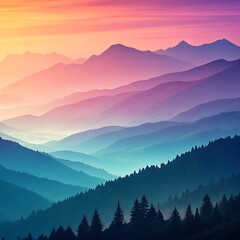 Layered mountain peaks bathed in ethereal hues, where mist and color blend into a dreamlike landscape
