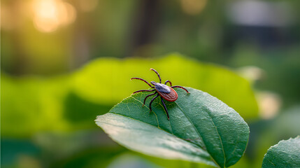 Fototapeta premium Close-up of a tick on green leaf in natural environment,symbolizing danger of tick-borne diseases and parasites in wildlife. Health risk and medical concept.