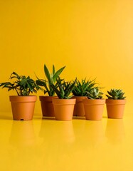 Obraz premium ミニマルに切り取られた観葉植物の鉢と葉がくすみイエロー背景に映え、ユニークな視点で魅せる構図