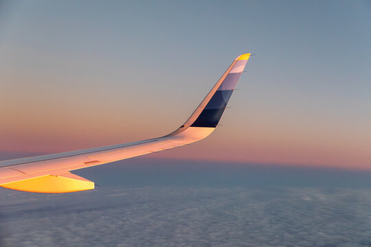 logo of Eurowings aircraft under blue sky bny departing Lanzarote airport as symbol for airline
