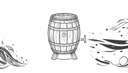 Monochrome Illustration of Wooden Barrel with Liquid Splashes