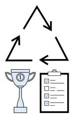 Recycling triangle with arrows, trophy for success, checklist with goals. Ideal for sustainability, achievement, productivity, eco-friendly practices, waste management, success simple landing page