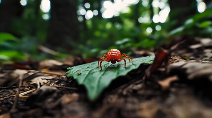 Close-up of a tick on green leaf in natural environment,symbolizing danger of tick-borne diseases and parasites in wildlife. Health risk and medical concept.