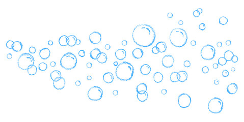 Cartoon soap blue bubbles. Oxygen circles flying. A foam sample with blue pastel round shapes. Vector charcoal illustration of a card with shampoo or drinking foam. Simple soap background.