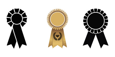 Blue & Gold Shiny Medal Award, Medal set with ribbon. Blue award badges. Vector seal collection in flat style, Set of the Ribbons and Badges, Blue ribbon award isolated on transparent background