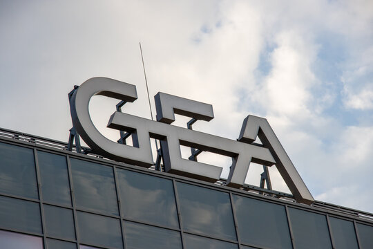 GEA logo, sign is displayed on top of the office building. GEA is one of the world's largest systems suppliers for the food, beverage and pharmaceutical sectors.