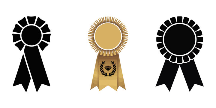 Blue & Gold Shiny Medal Award, Medal set with ribbon. Blue award badges. Vector seal collection in flat style, Set of the Ribbons and Badges, Blue ribbon award isolated on transparent background