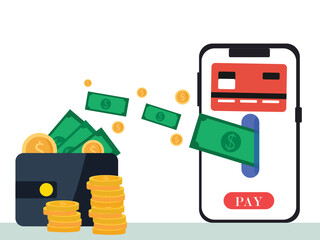 Online payment in smartphone. with transaction of cashback, pay, Send, receive money from card on electronic money wallet. vector illustration