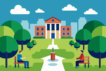 Obraz premium cartoon campus quad scene with benches fountain 
