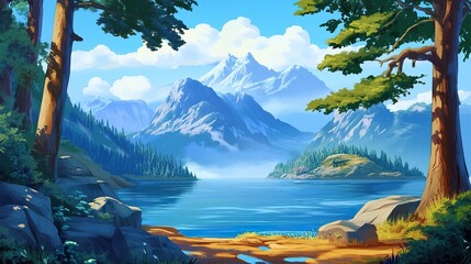 mountain landscape with lake and mountains