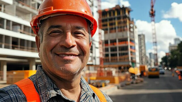 Cheerful construction worker wearing an orange helmet and vest, standing confidently in front of a busy urban building site.