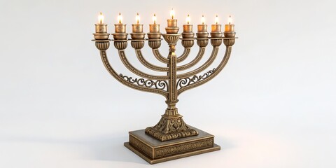 Fototapeta premium Ornate Menorah with Lit Candles, Hanukkah Celebration, 3D Render, Judaism Hanukkah, menorah
