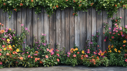 Fototapeta premium Rustic wooden fence adorned with vibrant flowers and lush green foliage creating a serene garden scene