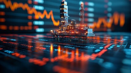 An offshore oil rig reflected on fluctuating charts and numbers; industry concept