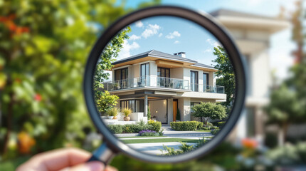 Magnifying glass in hand of female realtor aimed at luxury country tropical villa