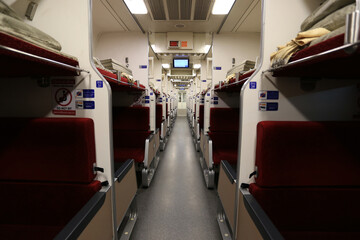 Selective focus of Thai new express train with air conditioned for overnight travel, sleeper train from nong khai to bangkok
