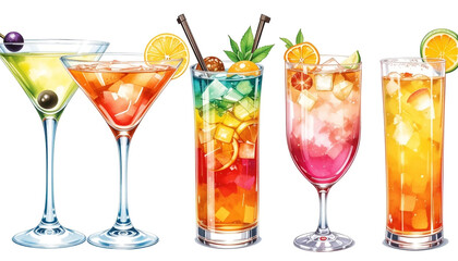Fototapeta premium Colorful Cocktails Summer Drinks Martini Ice Fruit Refreshing Beverages