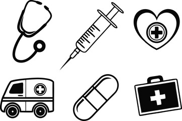 Medical and Healthcare Icon Pack Silhouettes Illustration. Healthcare Icon Pack with Medical Silhouettes. Medical Silhouette Icons for Healthcare Design. Professional Medical and Healthcare