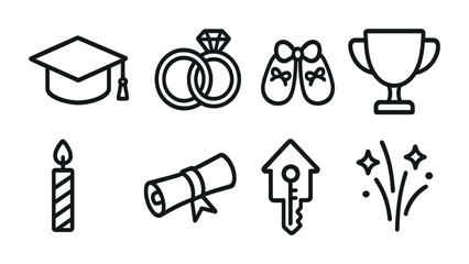 Icon set representing life milestones and celebrations for various occasions