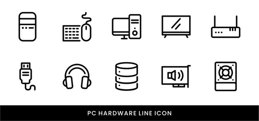 Computer Hardware Line Icon Set Device, Technology, PC Components, Server, and Electronics icon