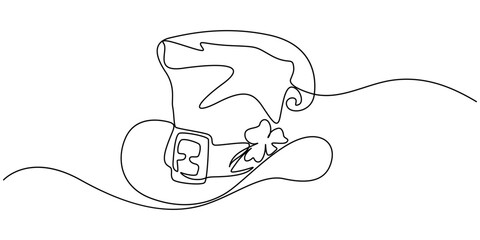 Line art continues St. Patrick's day, isolated white background, Continuous one line art drawing leprechaun hat, One continuous line St Patrick hat with clover silhouette. Irish holiday spring.