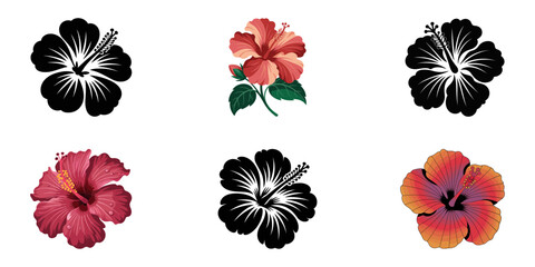 Hibiscus, Hibiscus flower silhouettes, Hibiscus flower black color illustration, A watercolor vector of a set of hibiscus flowers, isolated on a white background. Hibiscus vector, vector set. © Parboti
