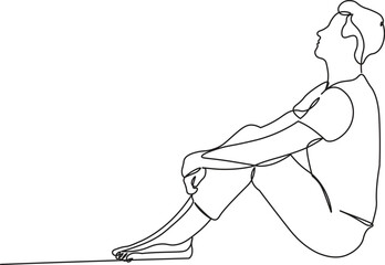 A man sits on the floor sketch in continuous line drawing style. Minimalist black linear sketch isolated on white background. Vector illustration