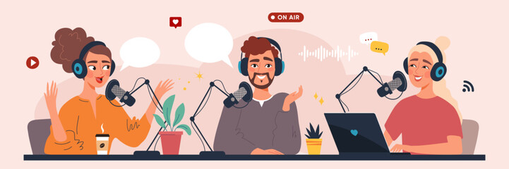 Podcasters recording a show. Man and two women in headphones speaking into microphones in a podcast studio. Flat vector illustration about digital broadcasting, blogging and content creation