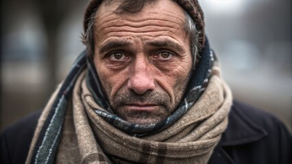 Fototapeta premium A weathered man gazes intently at the camera, wrapped in a scarf, conveying a sense of resilience and hardship.