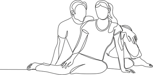 Couple man and woman sitting together on the floor sketch in continuous line drawing style. Minimalist black linear sketch isolated on white background. 