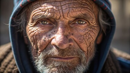 A weathered man gazes intensely, with deep lines etched into his face, conveying a life full of experiences and stories.