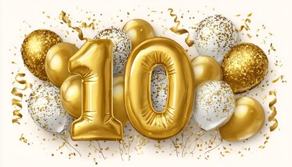 Golden Number 10 Balloons with Confetti, Festive Celebration Background for 10th Birthday