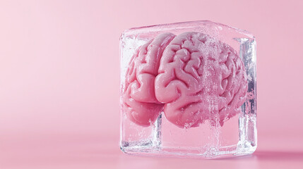Brain inside an ice cube on a simple background